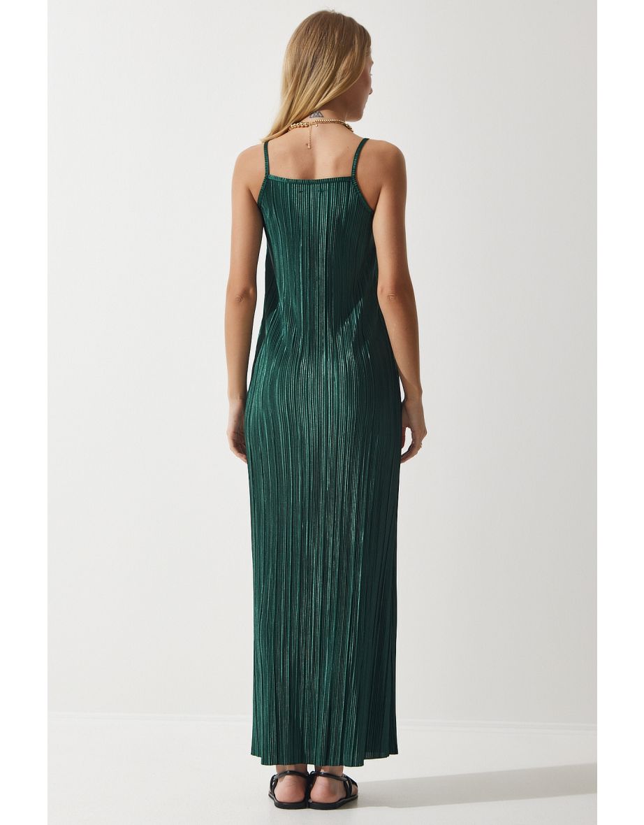 Women's Emerald Green Strappy Summer Pleated Dress - 3