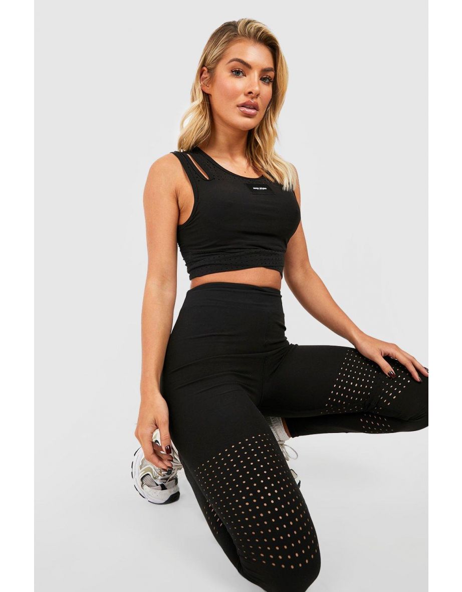 Laser Cut High Waist Active Leggings - black