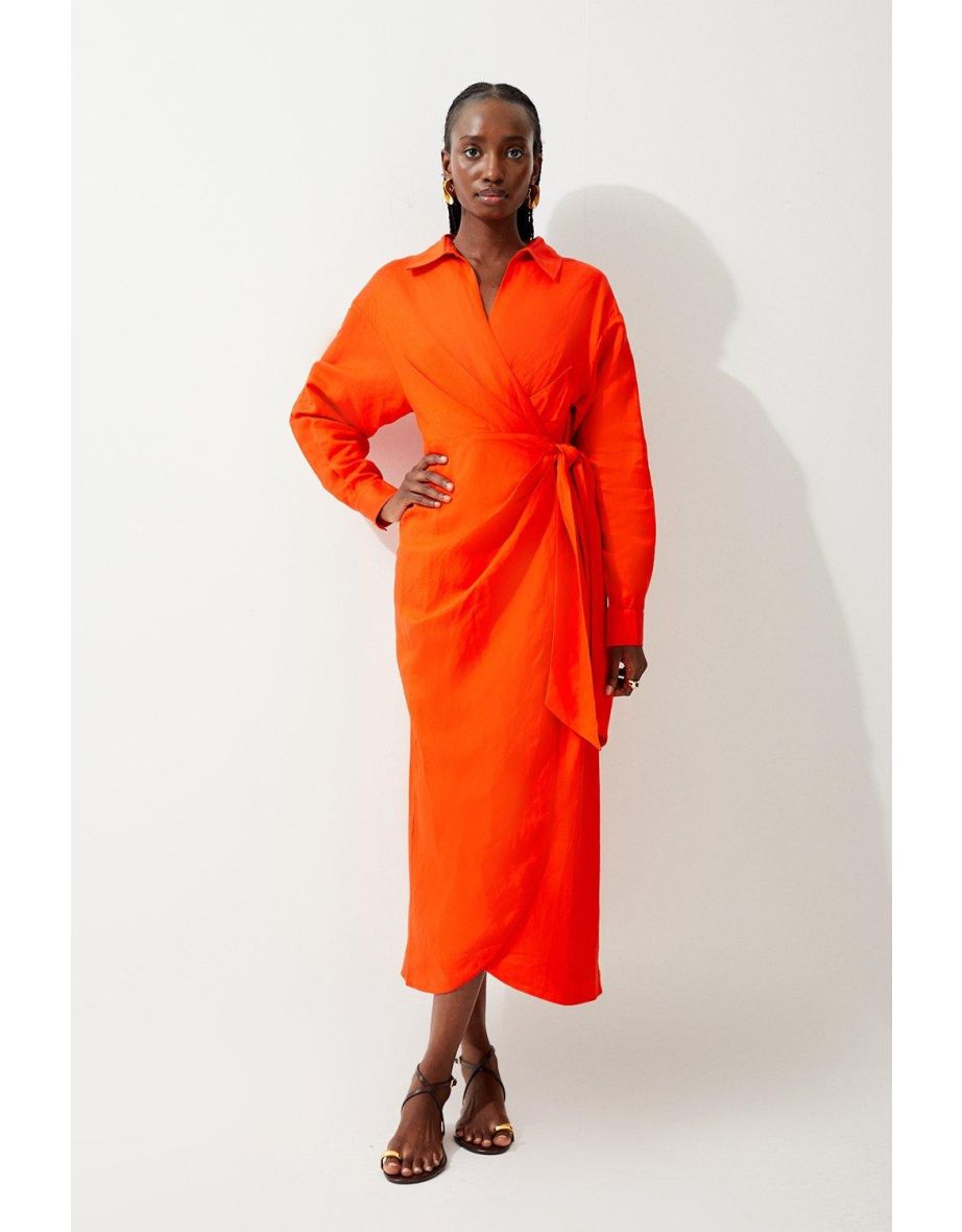 Viscose Linen Woven Tie Wrap Maxi Shirt Dress