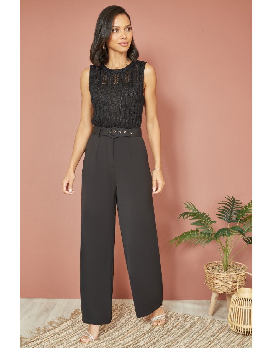 Shop Yumi Black Straight Leg Crepe Trousers With Belt Online in Oman VogaCloset