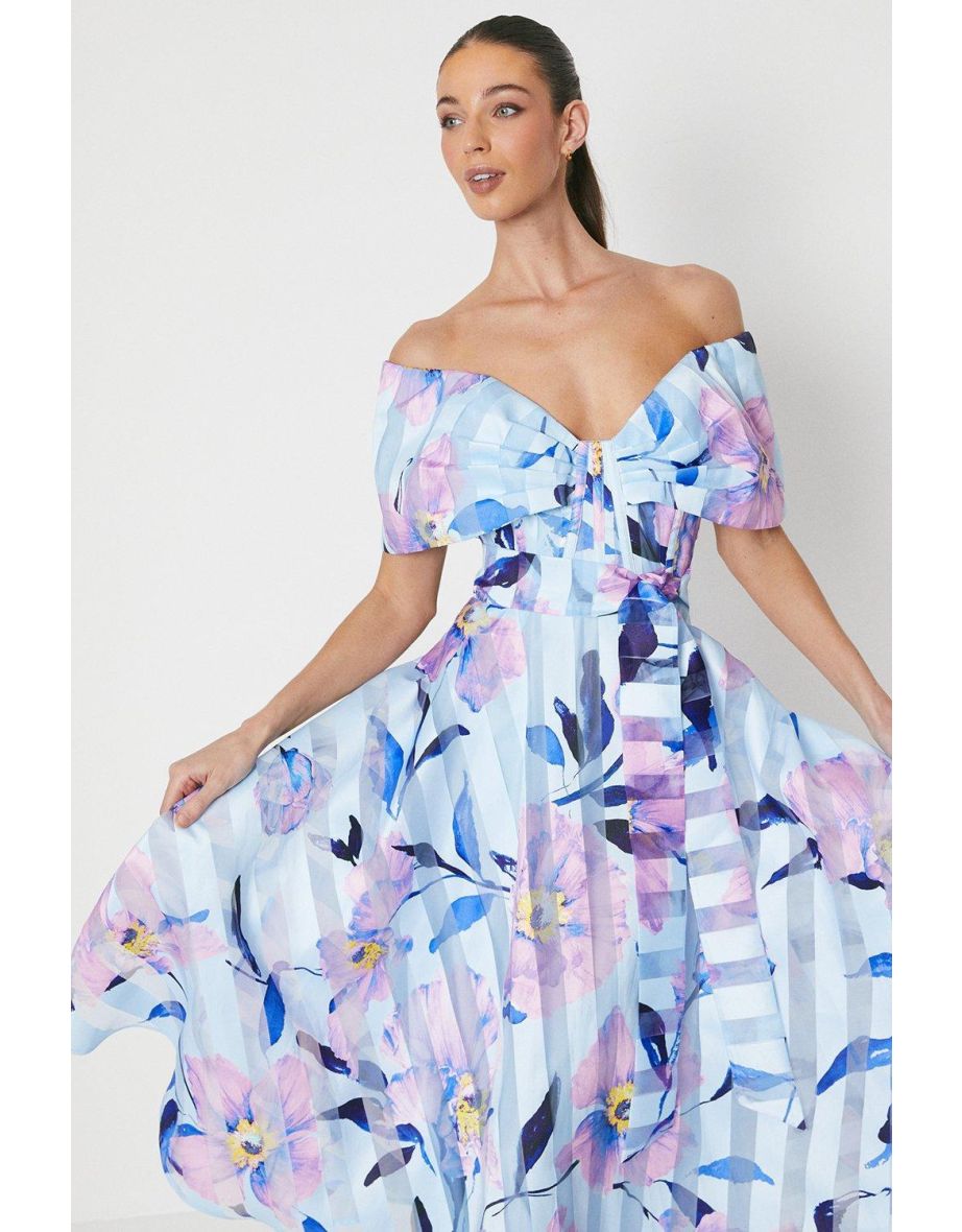 Printed Stripe Organza Bardot Dress - 3