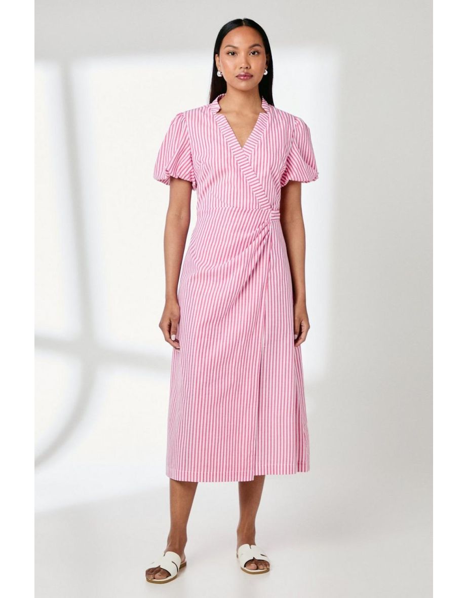 Pink Stripe D - Ring Cotton Poplin Wrap Dress