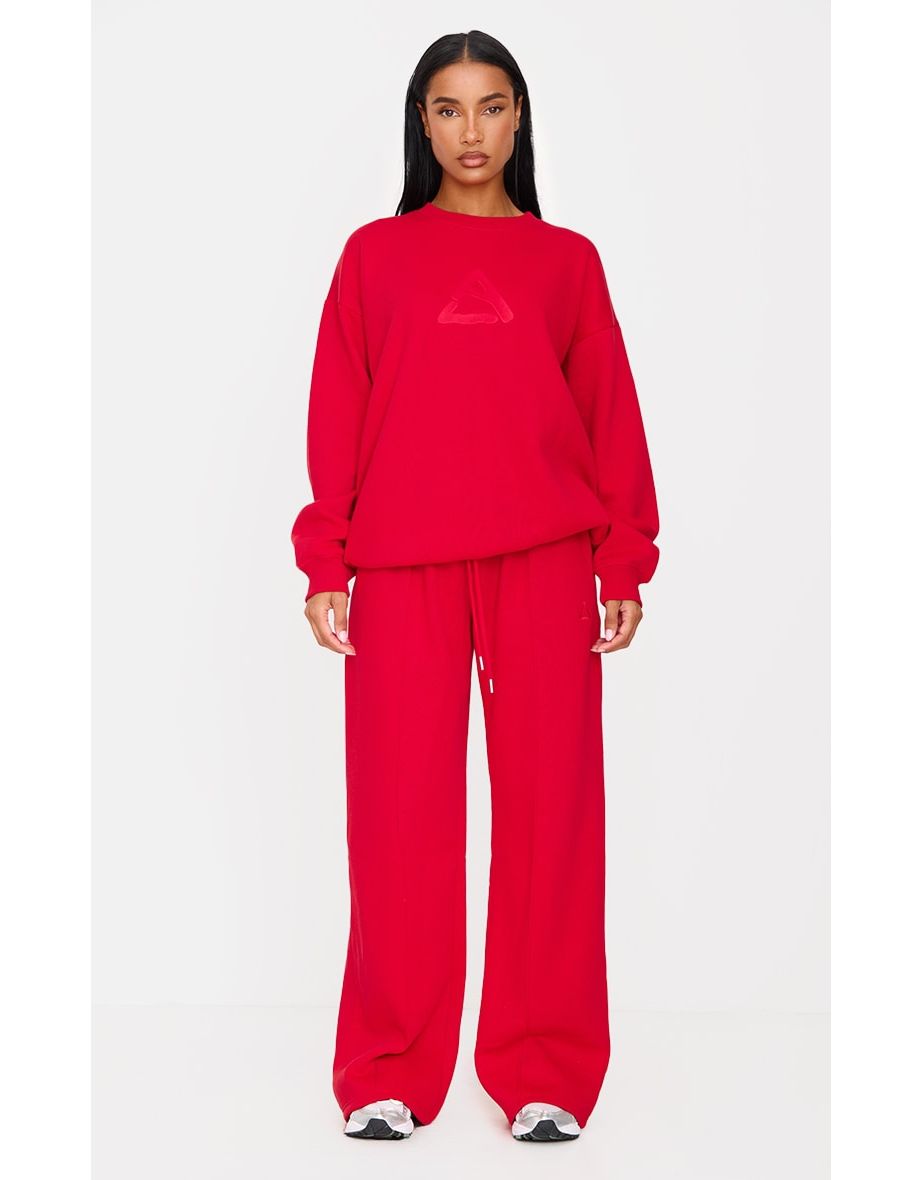 Dark Red Embroidered Straight Leg Joggers