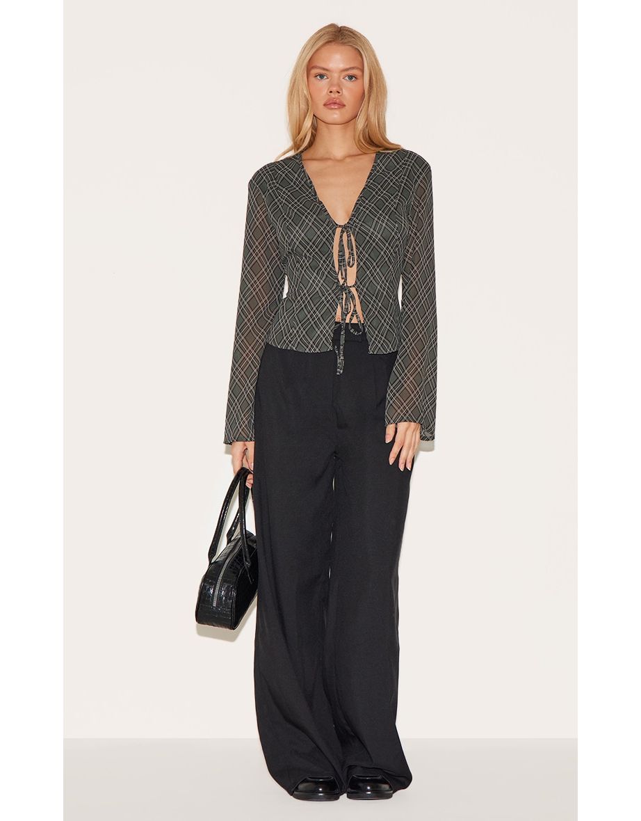 Green Check Chiffon Tie Front Blouse