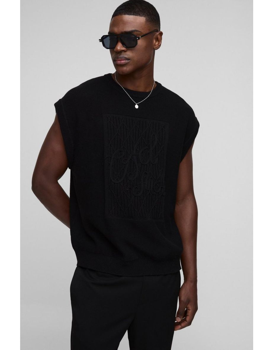 Man Oversized Crew Neck Rope Embroidered Knitted Vest