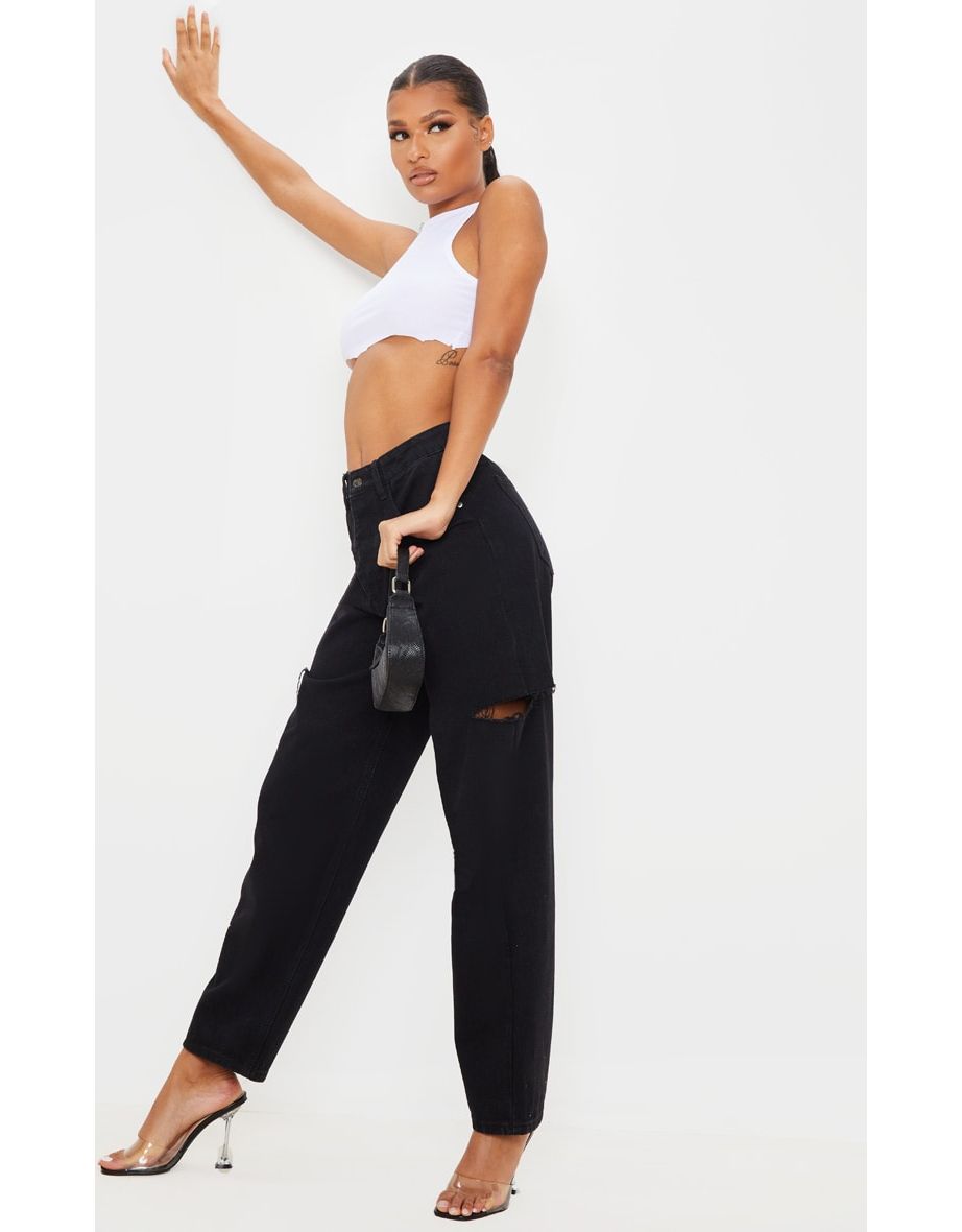 Washed Black Thigh Split Baggy Boyfriend Jeans