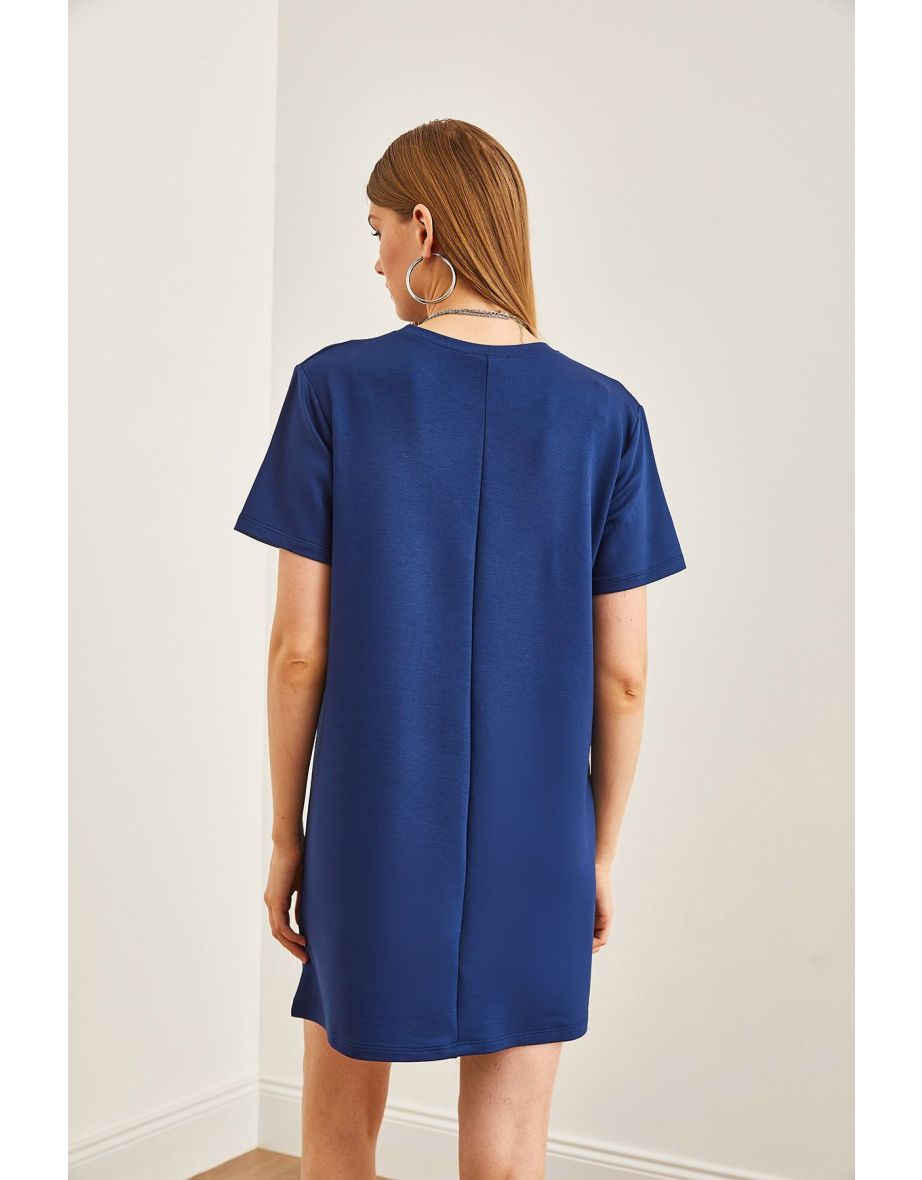 Women's Navy Blue Front Stitched Soft Textured Mini Dress - 5