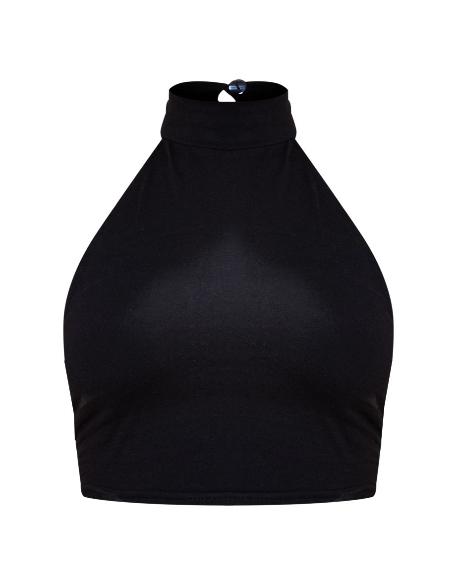 Black Cotton High Neck Halter Crop Top - 4