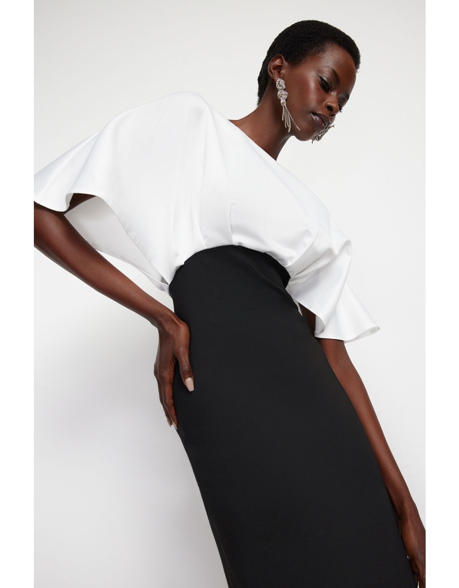 Black and White Top Matte Satin Detailed Long Evening Evening Dress - 7