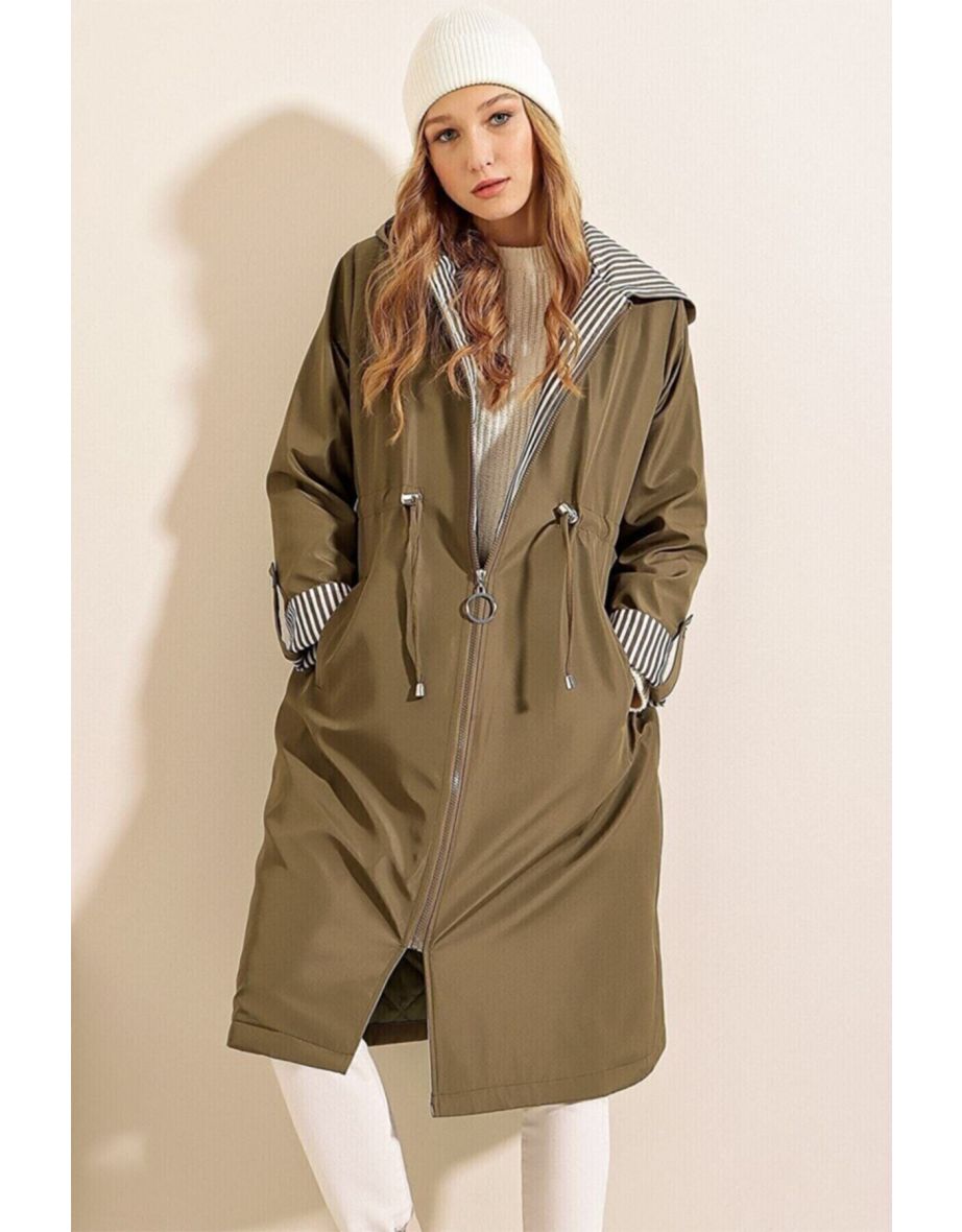 Gathered Waist Hooded Trench Coat - Khaki