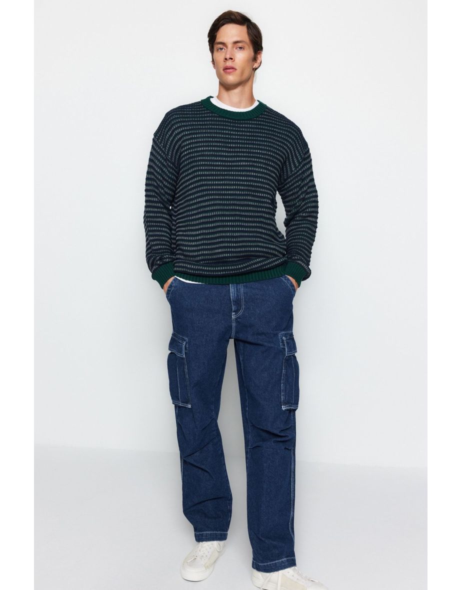 Green Regular Fit Crew Neck Jacquard Knitwear Sweater