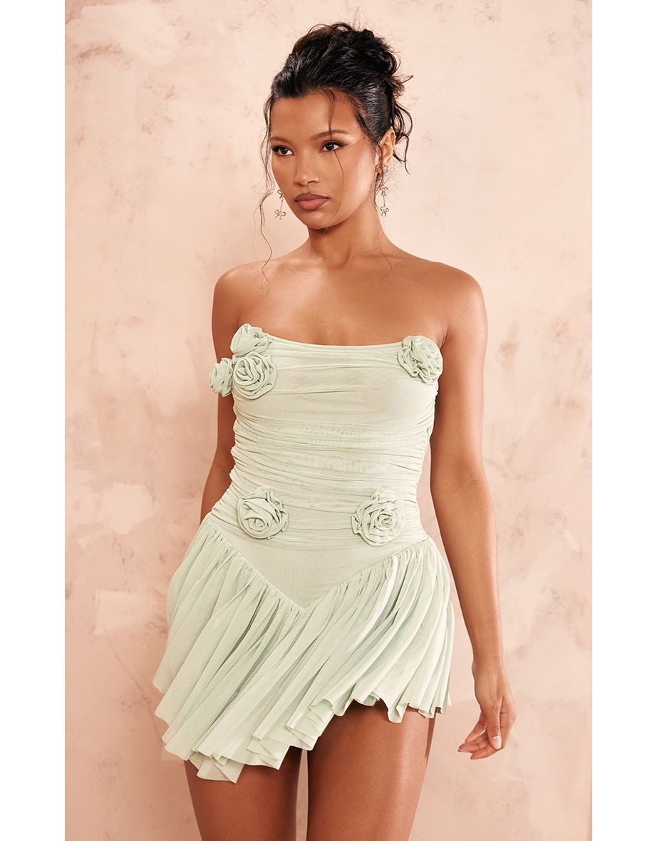 Sage Green Corsage Wired Pleated Playsuit