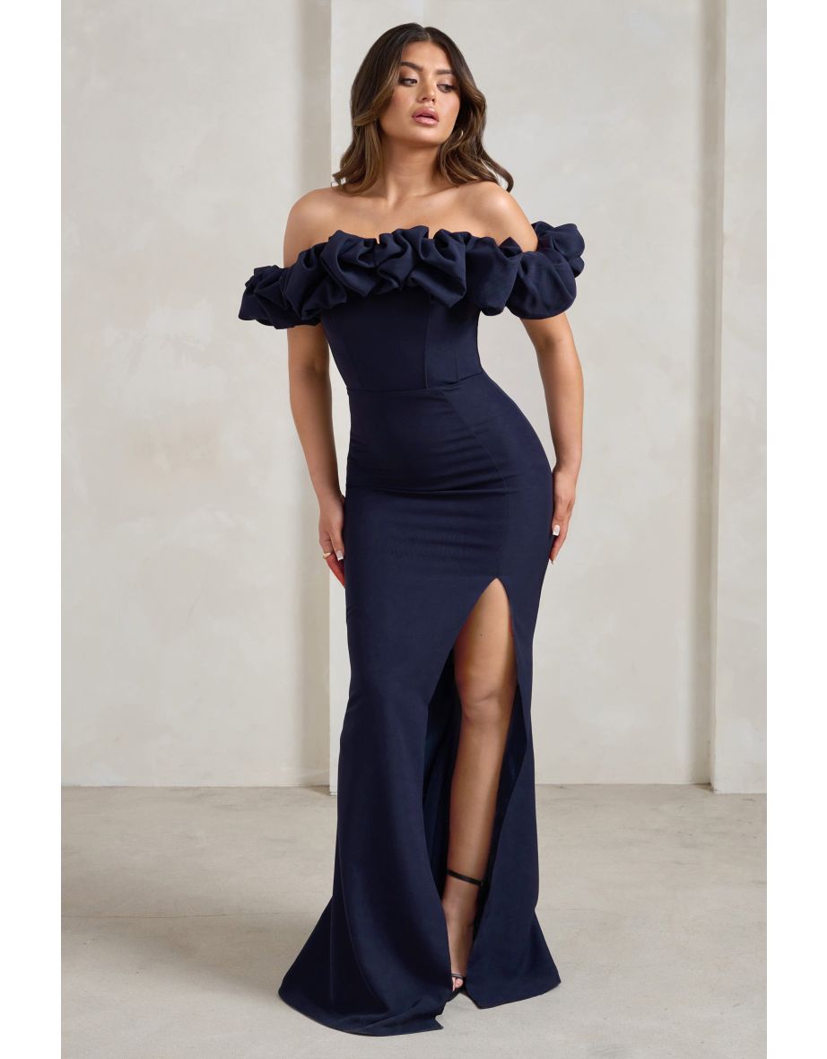 Esmeralda | Navy Structured Statement Bardot Maxi Dress - 4