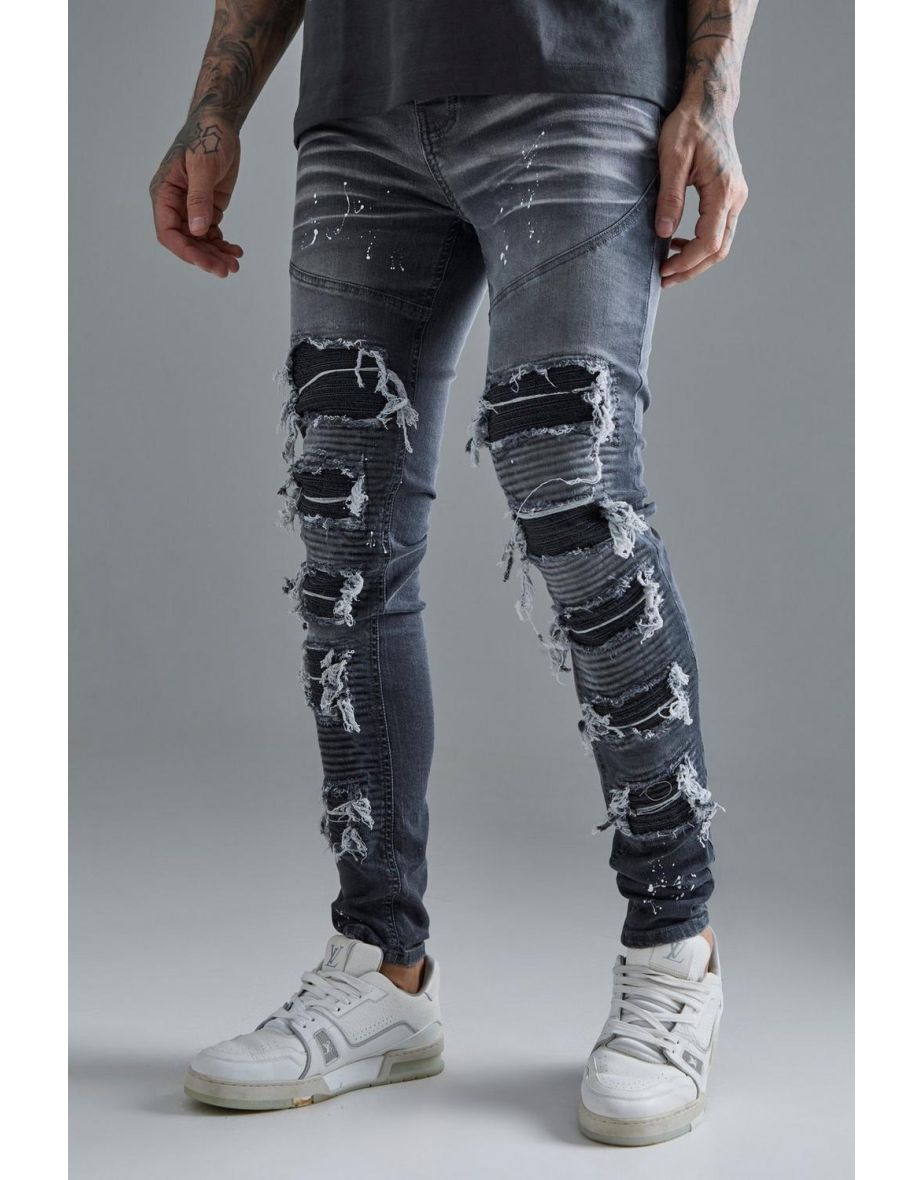 Tall Super Skinny Pu Biker Rip & Repair Paint Splatter Jeans - grey