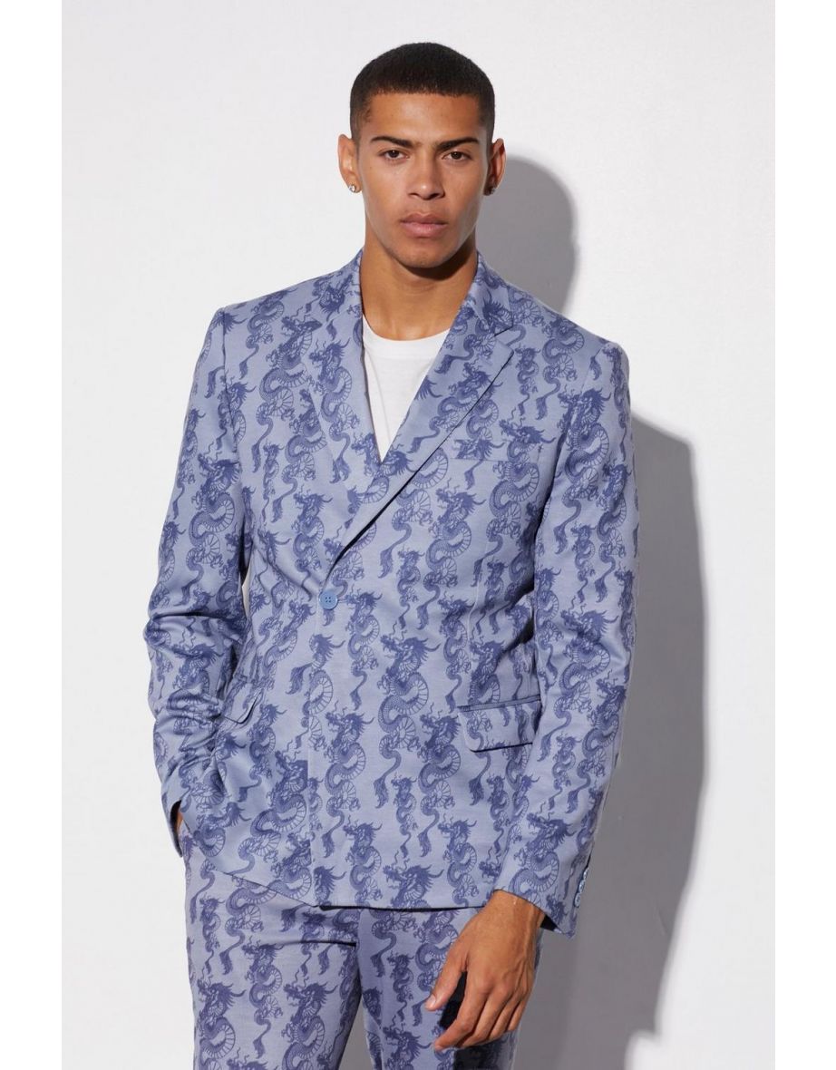 Slim Fit Wrap Dragon Printed Suit Jacket - ice blue