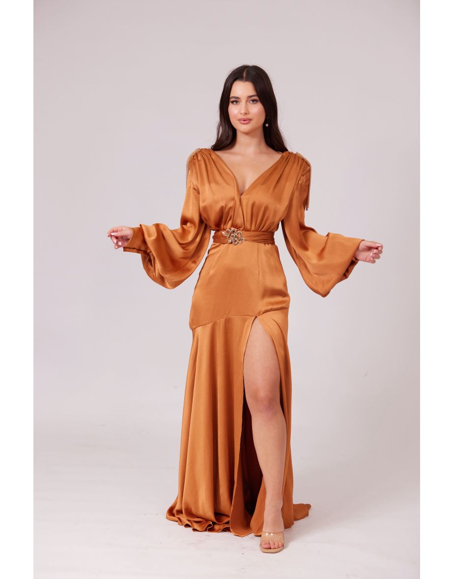 SABRINA GOLDEN CARAMEL V-Neck Slit Maxi Dress
