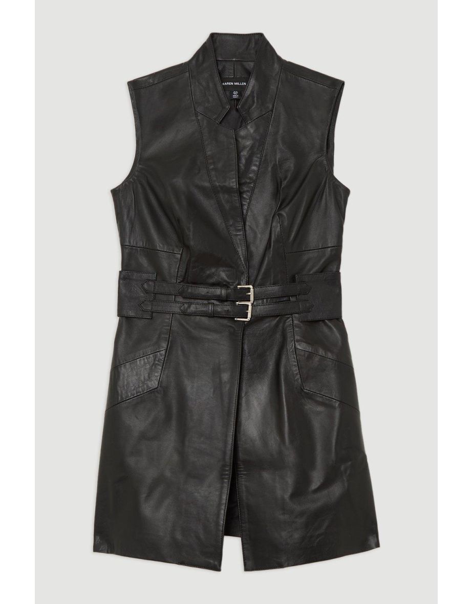 Leather Notch Neck Sleeveless Jacket - 3