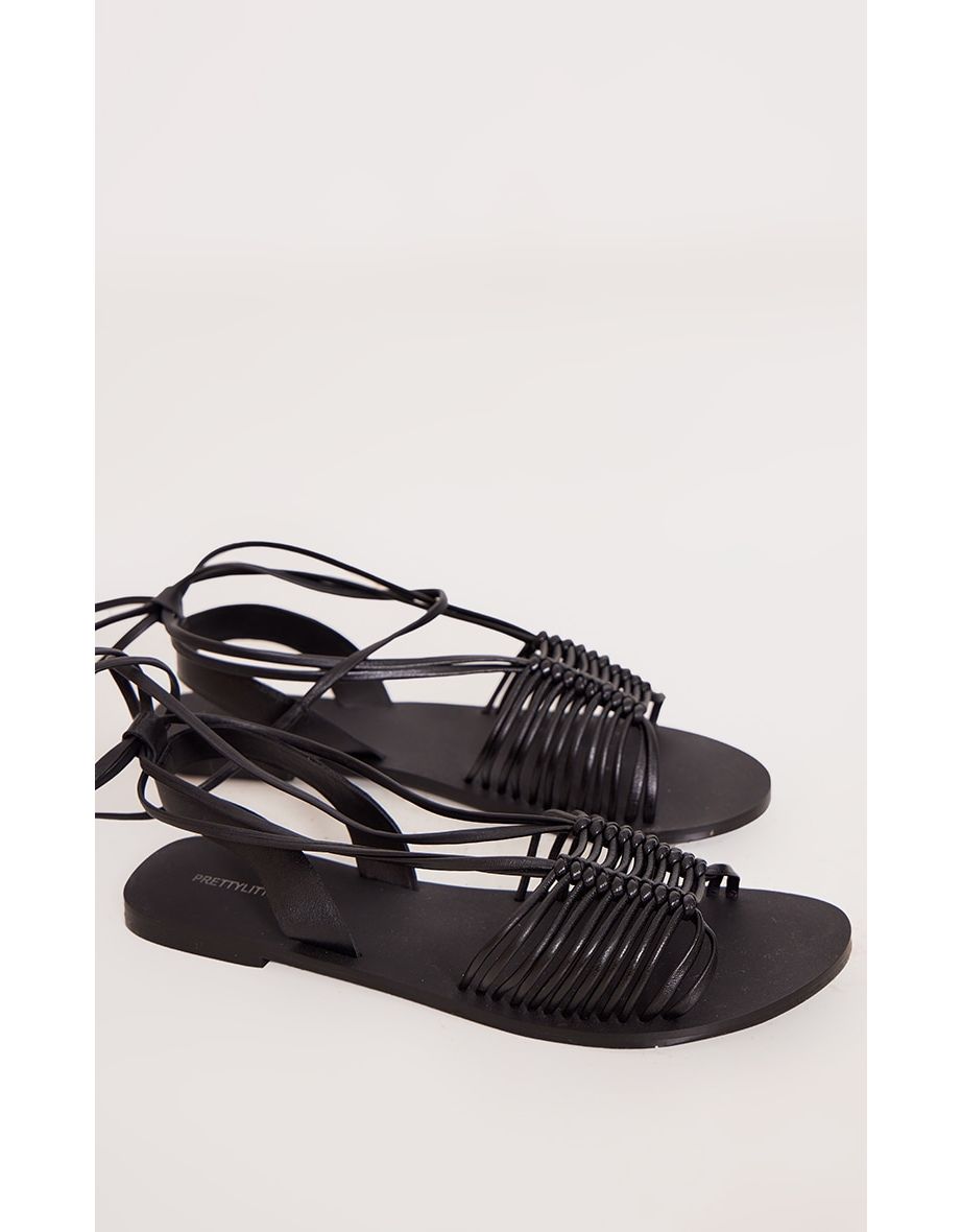 Black Real Leather Round Toe Woven Lace Up Flat Sandals - 3