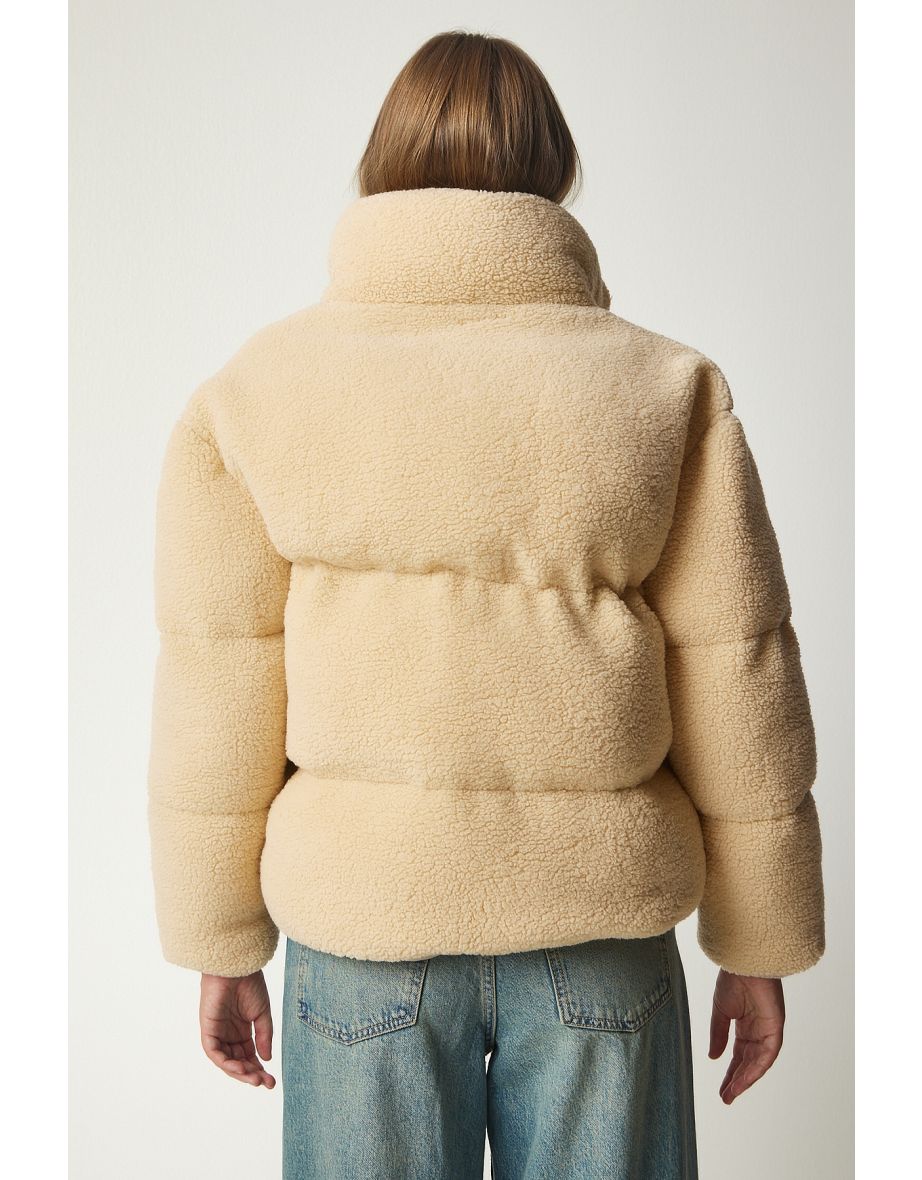 Women's Cream Stand Up Collar Fluffy Down Jacket - 6