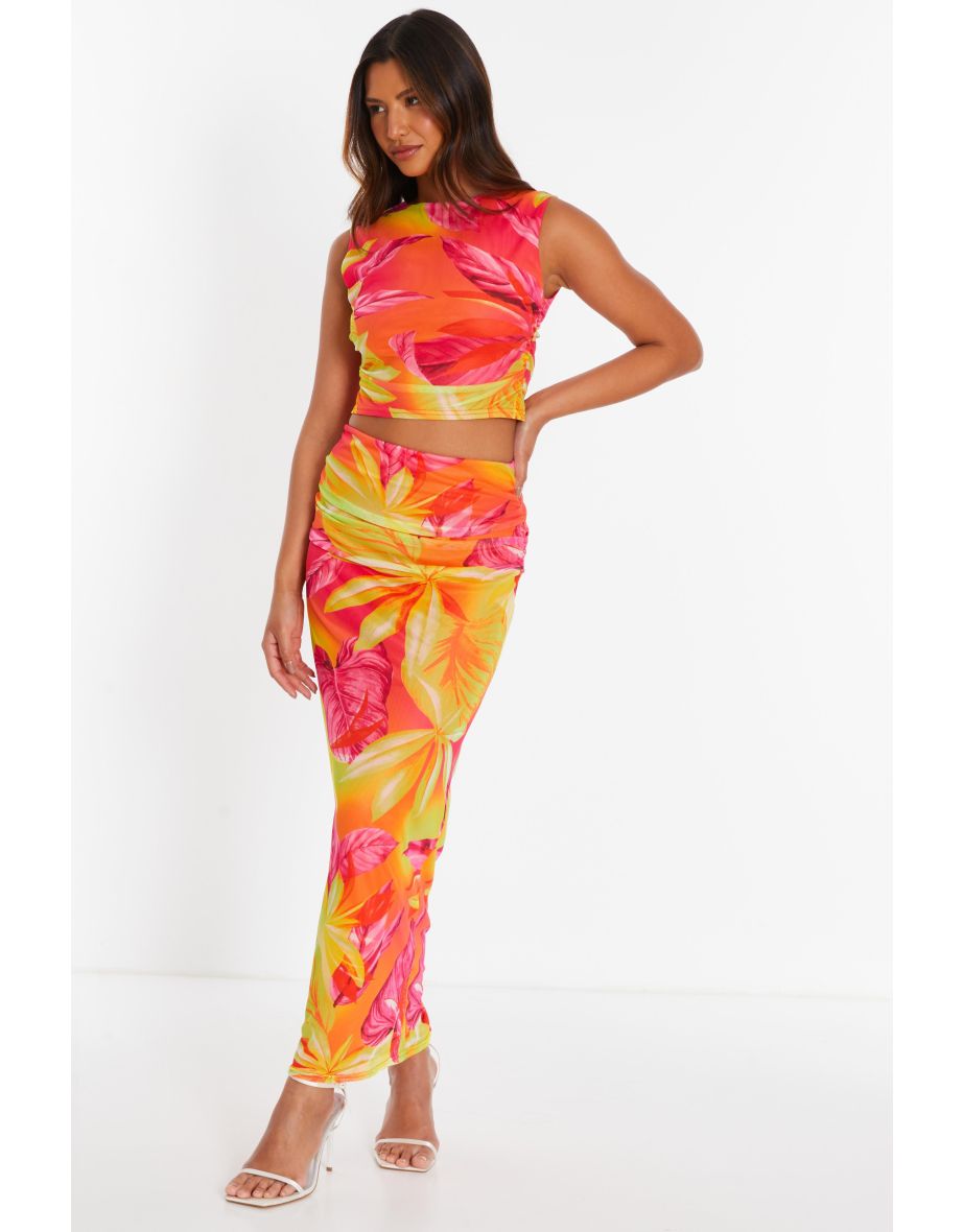 Yellow Tropical Print Mesh Maxi Skirt