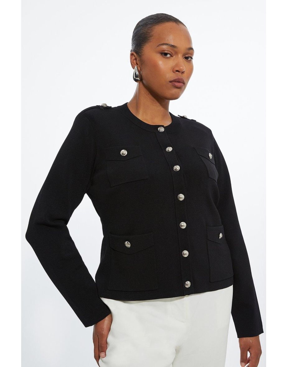 Plus Size Military Trim Knitted Four Pocket Jacket