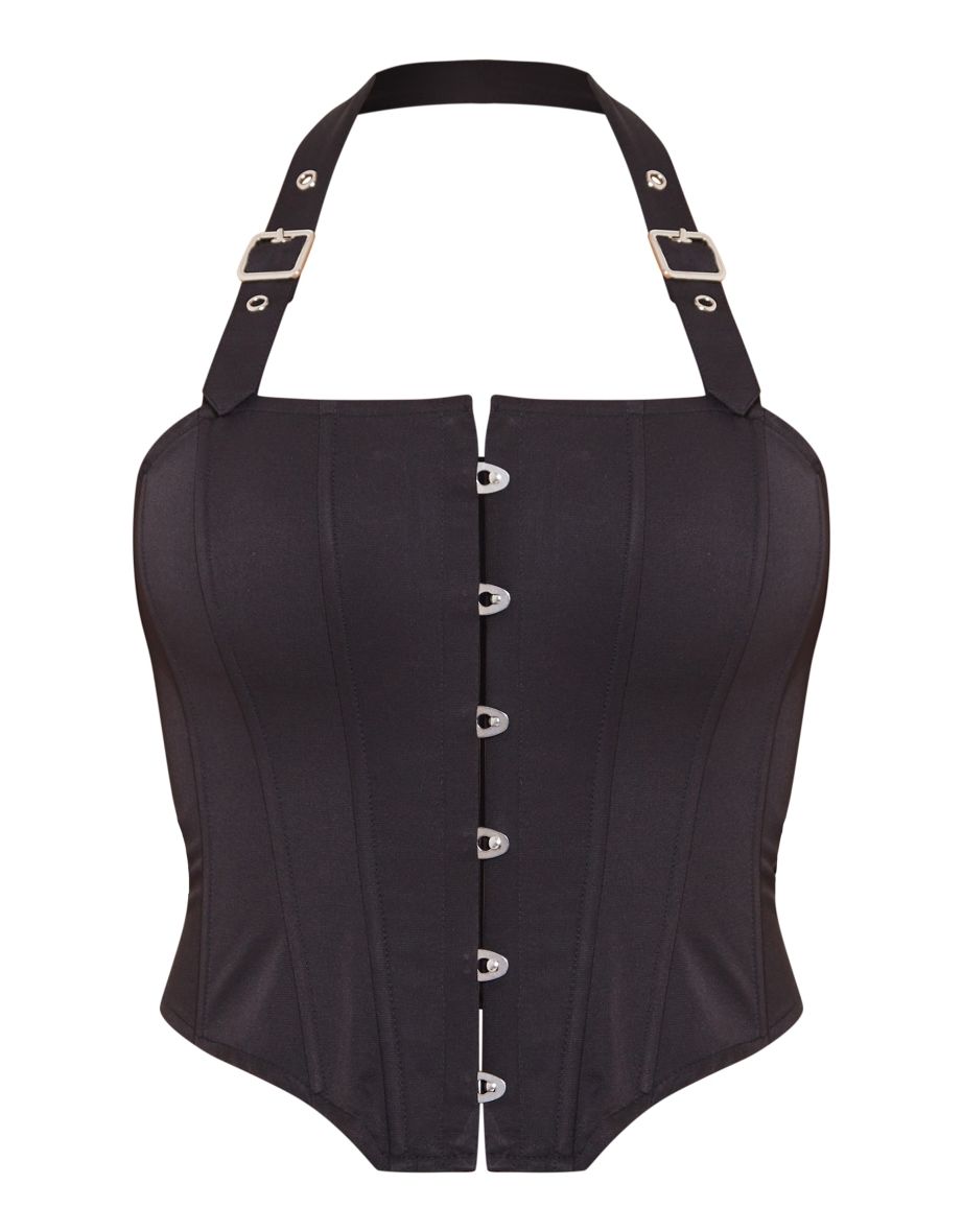 Black Woven Hook & Eye Buckle Halterneck Boned Corset - 4
