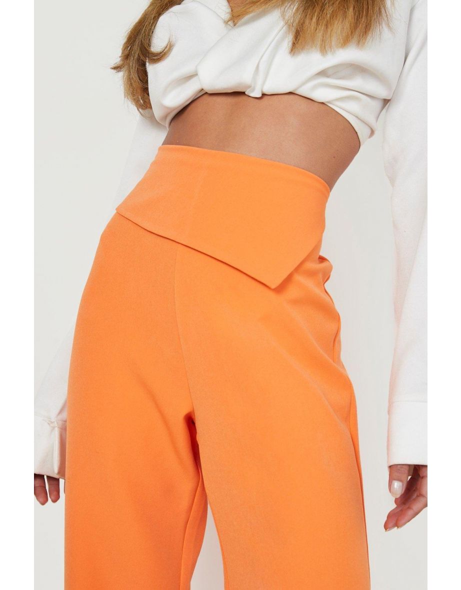 Fold Over Waist Detail Wide Leg Trousers - orange - 3