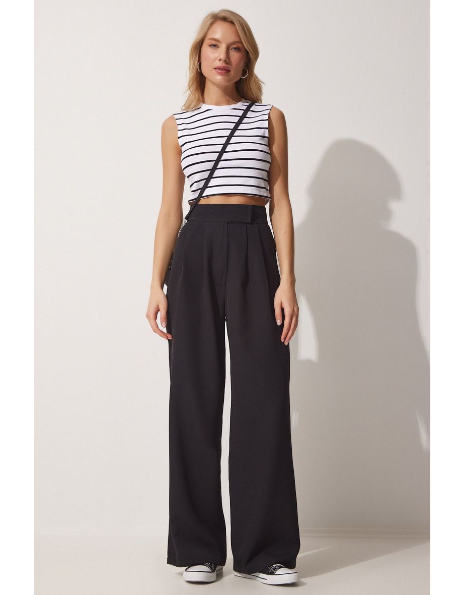 Women's Black Wide Leg Pants with Velcro Fastening - 5