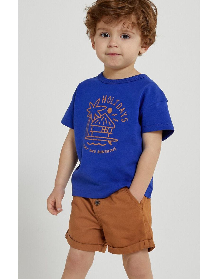 Cotton Crew Neck T-Shirt with Beach Hut and Palm Tree Print
