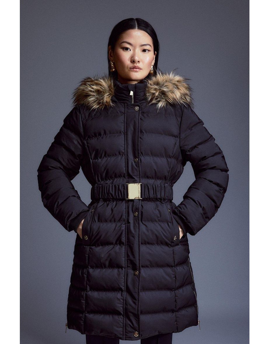 Heat Seal Puffer Belted Faux Fur Hood Jacket