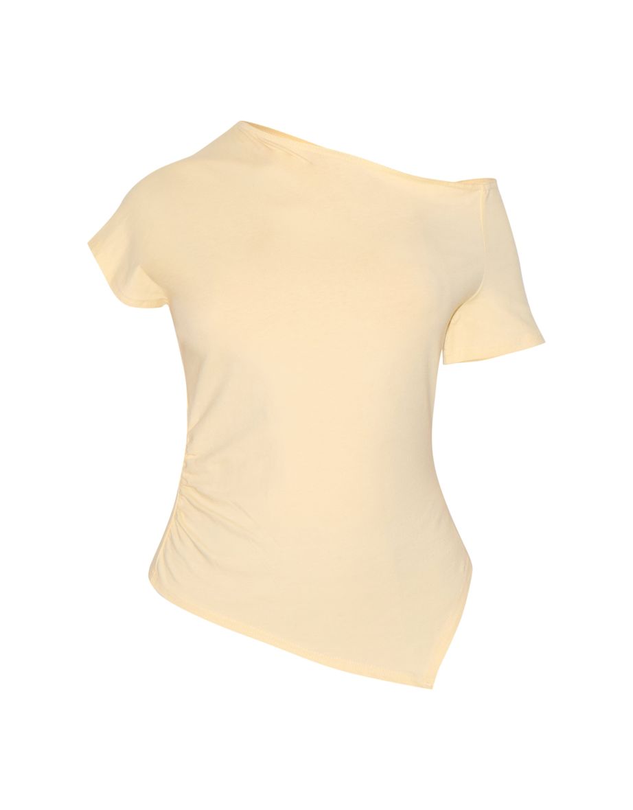 Butter Yellow Cotton Off Shoulder Drape Longline Top - 4