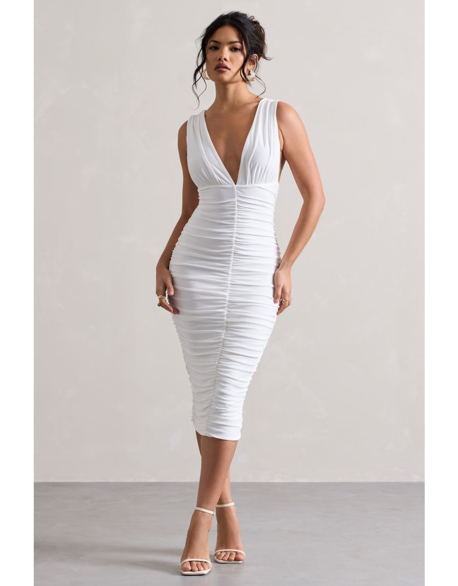 Attract | White Ruched Plunge-Neck Midaxi Dress
