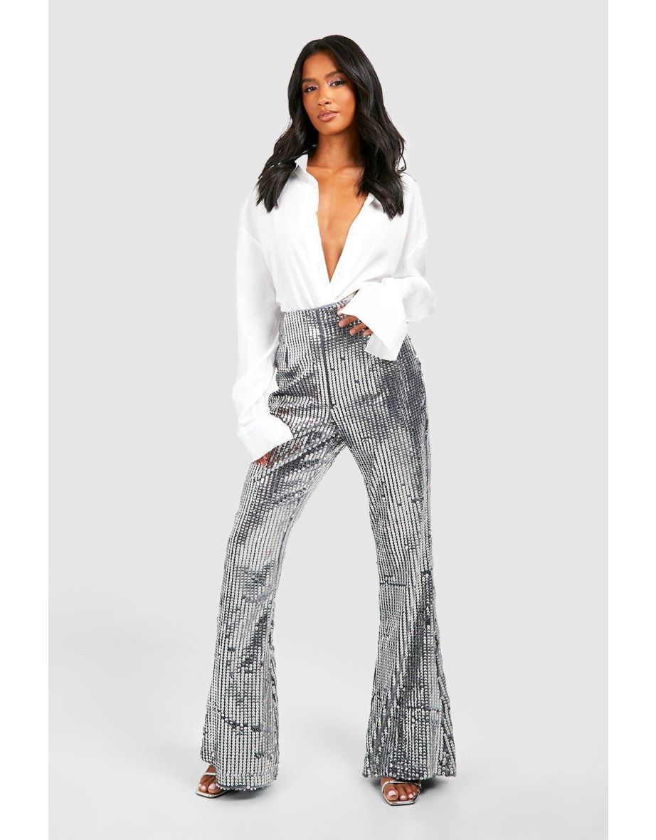 Petite Heavy Sequin High Waist Flare Trouser - silver