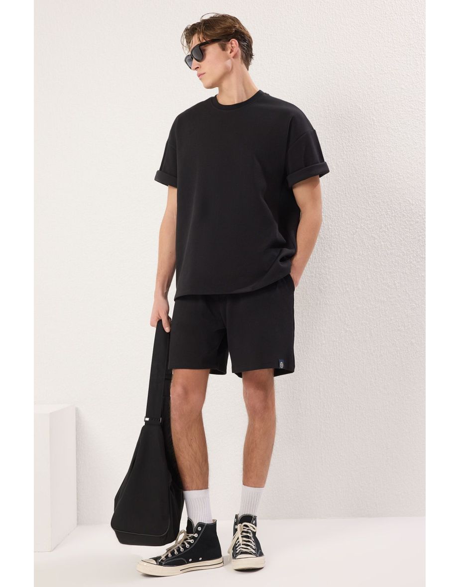 Black Oversized Thick 100% Cotton T-shirt Shorts 2 Piece Tracksuit Set