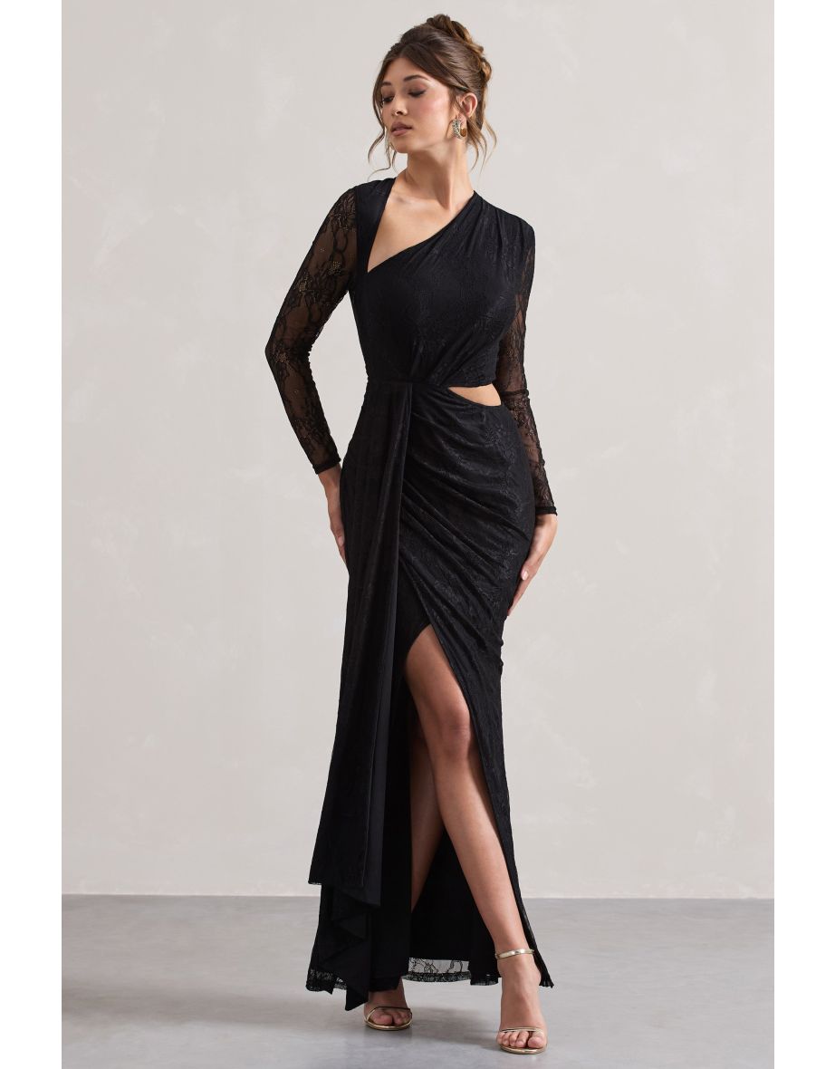 Chantilly | Black Lace Asymmetric Cut-Out Draped Maxi Dress