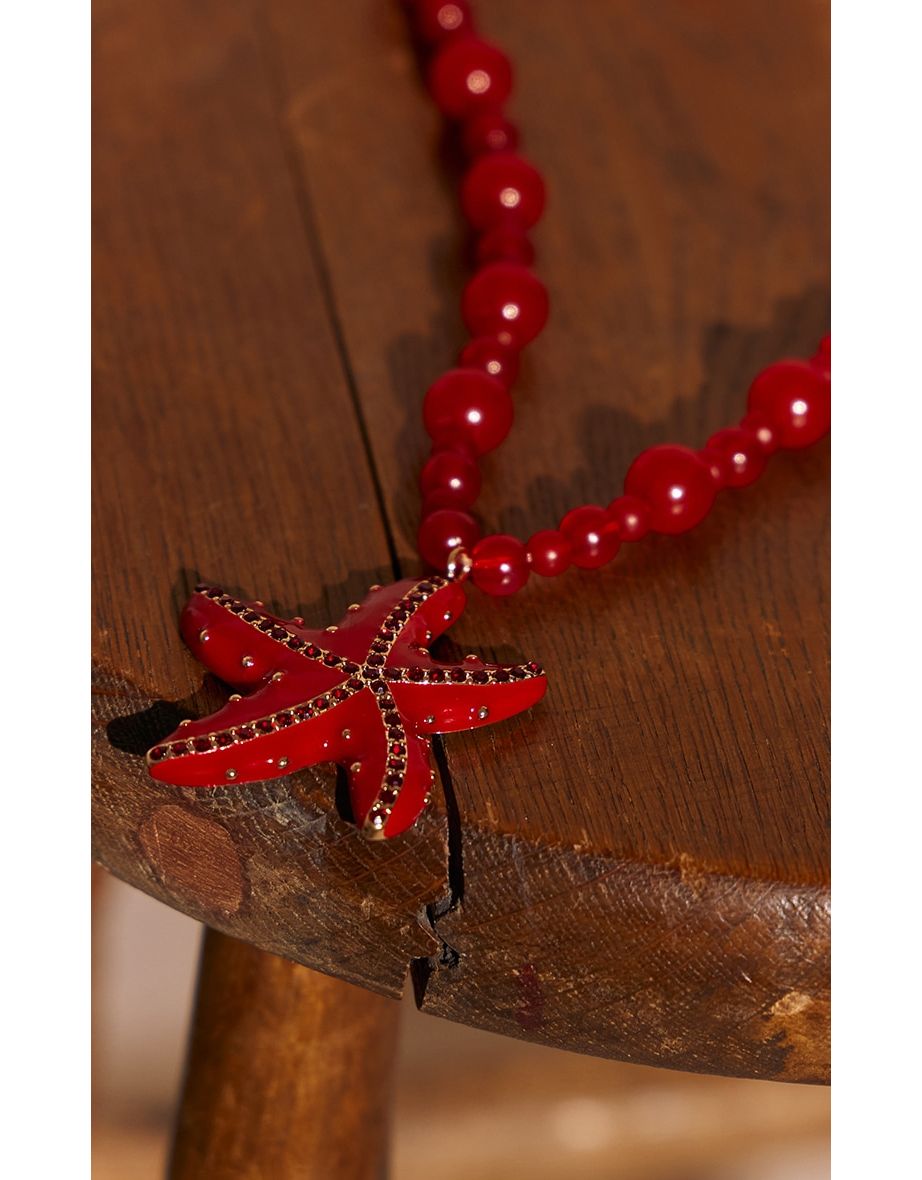 Red Beaded Starfish Detail Statement Necklace - 3