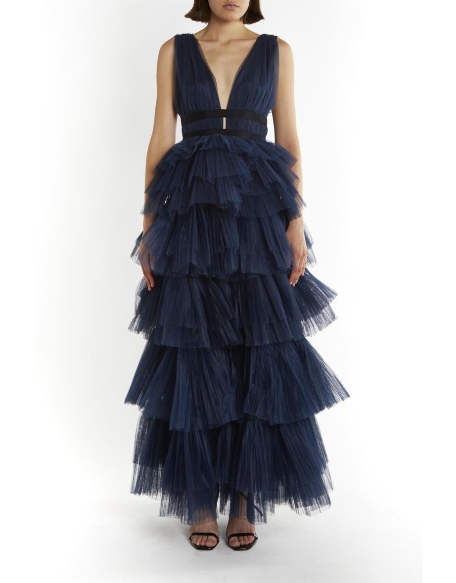 Eliza Dark-Navy Plunging-Neck Fully-Lined Layered Tulle Skirt Maxi-Dress