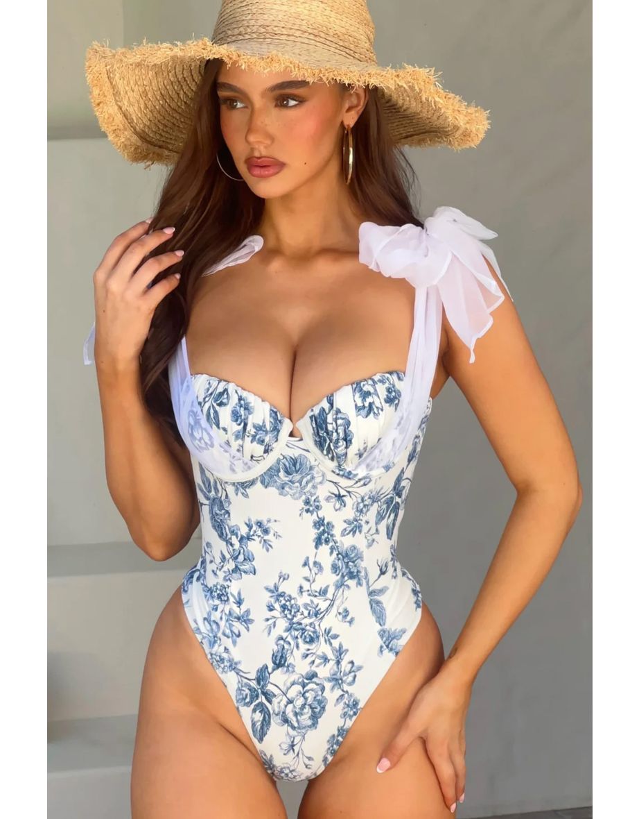 Sheer Bliss | Blue Porcelain Print Swimsuit With Organza Bows