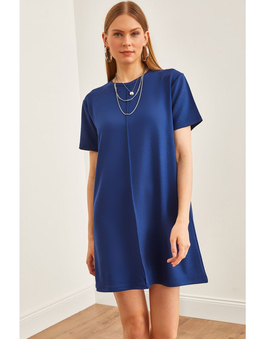 Women's Navy Blue Front Stitched Soft Textured Mini Dress