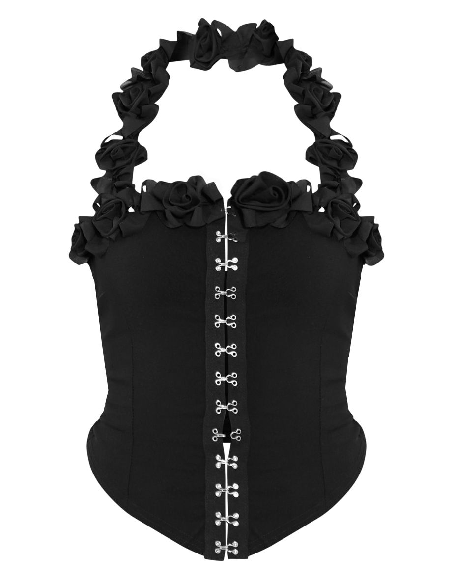 Black Stretch Woven Hook And Eye Floral Halter Neck Crop Top - 4