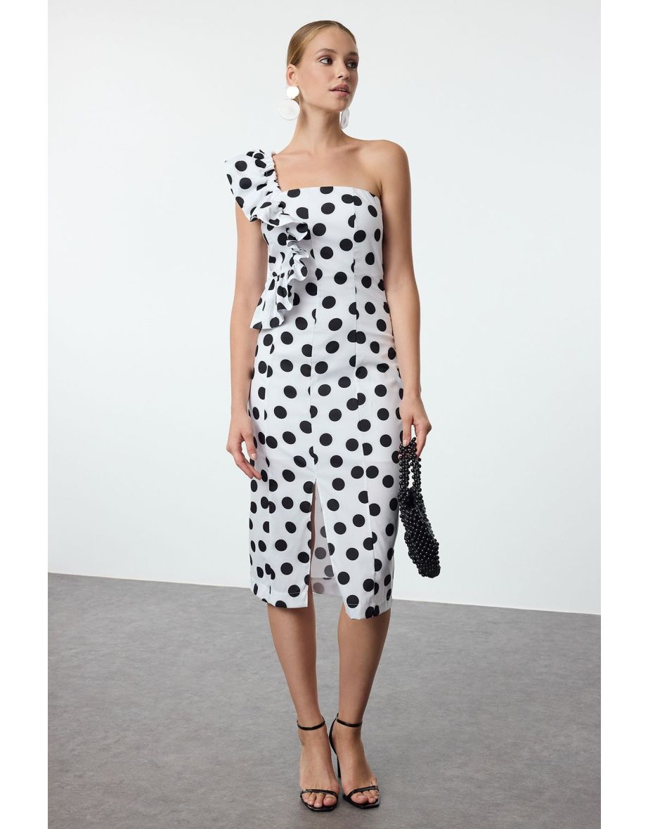 Multicolored Polka Dot Body-Styling Flounce Detailed Poplin Woven Chic Evening Dress