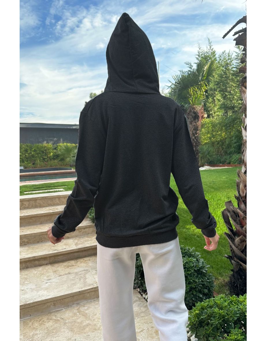 Women's Dark Anthracite Hooded Double Pocket Zipper Oversize Hoodie - 3