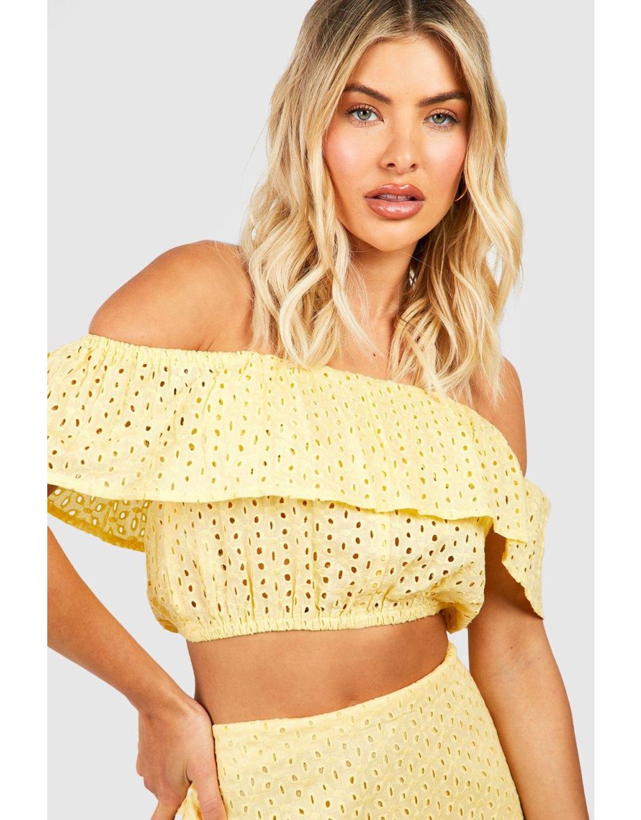 Broiderie Anglaise Off Shoulder& Skirt Co-ord - yellow - 3