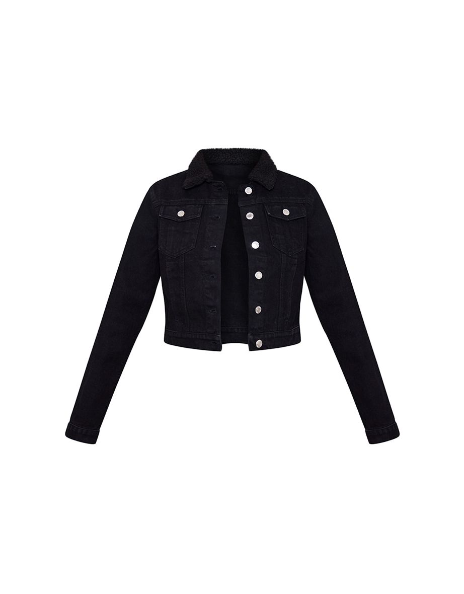 Black Borg Collar Basic Cropped Denim Jacket - 4