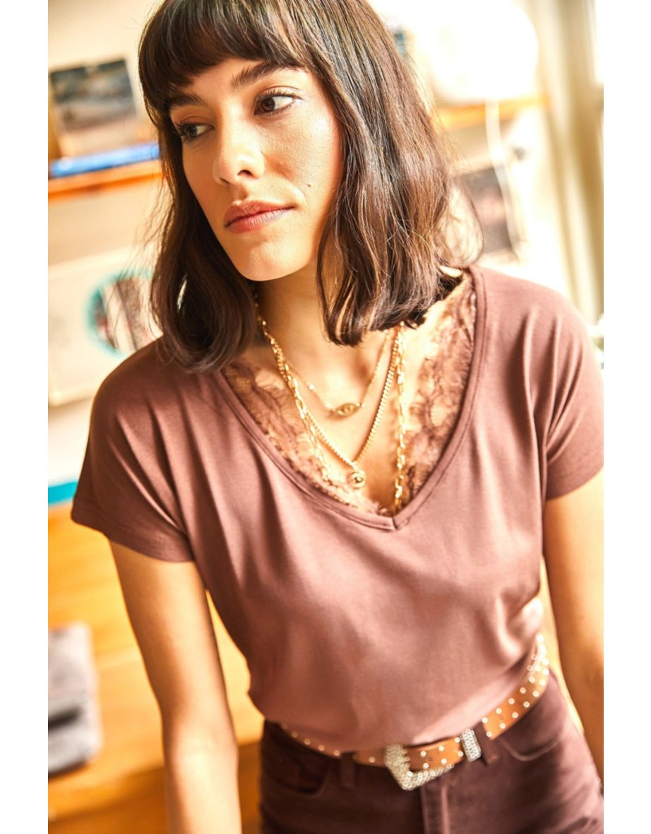 Women's Bitter Brown Collar Lace Loose Viscose Blouse - 6