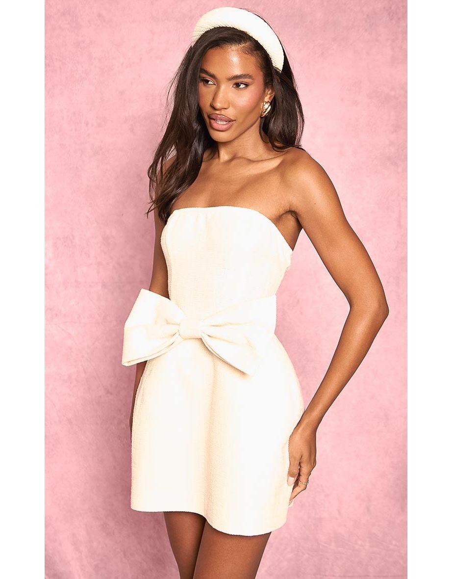 White Boucle Bandeau Puffball Bow Front Mini Dress