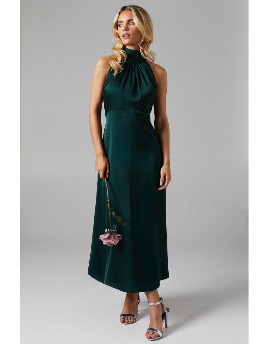 Petite Satin Halter Neck Midi Bridesmaids Dress