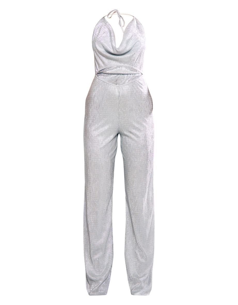 Silver Glitter Plisse Halterneck Cowl Cut Out Wide Leg Jumpsuit - 4