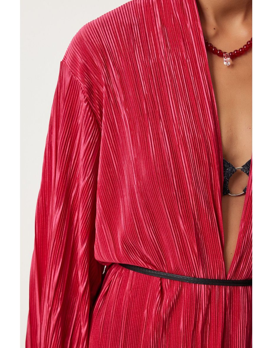 Women's Dark Pink Leather Belted Pleated Long Kimono - 4