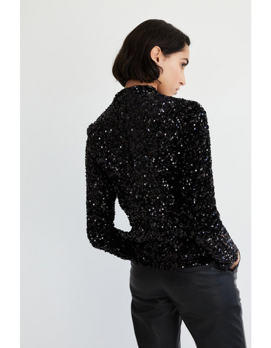 Velvet Sequin Funnel Neck Top - 2